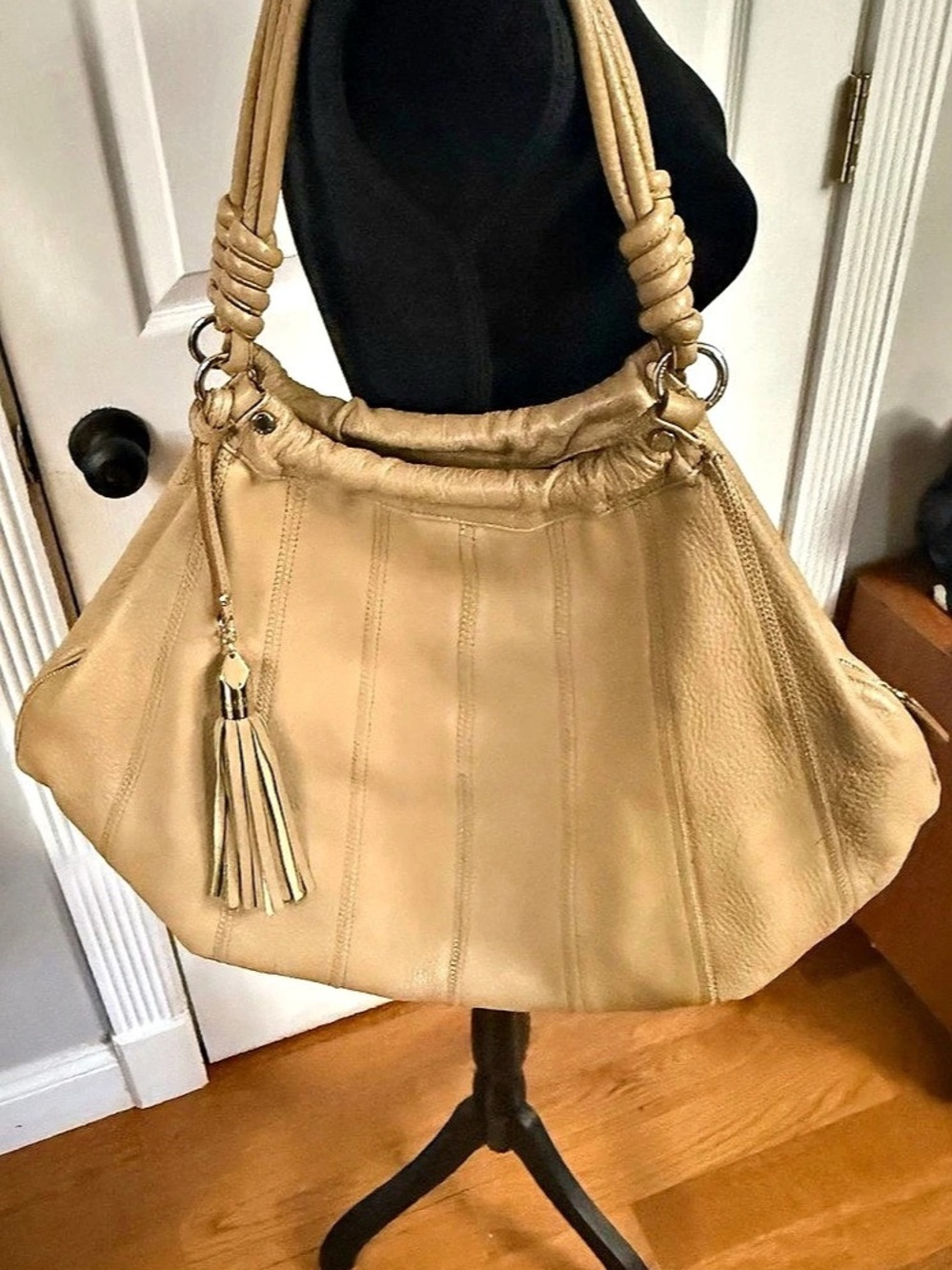 Stuart Weitzman Tan Pebbled Leather Large Satchel Shoulder Bag Tassel